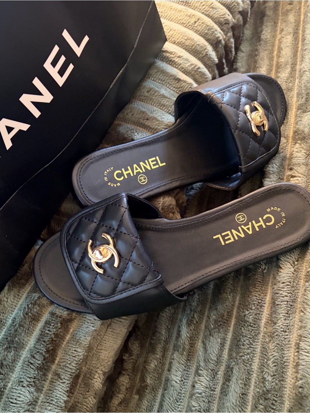 Chanel CC Quilted Leather Slide Sandals - Black - Size 38